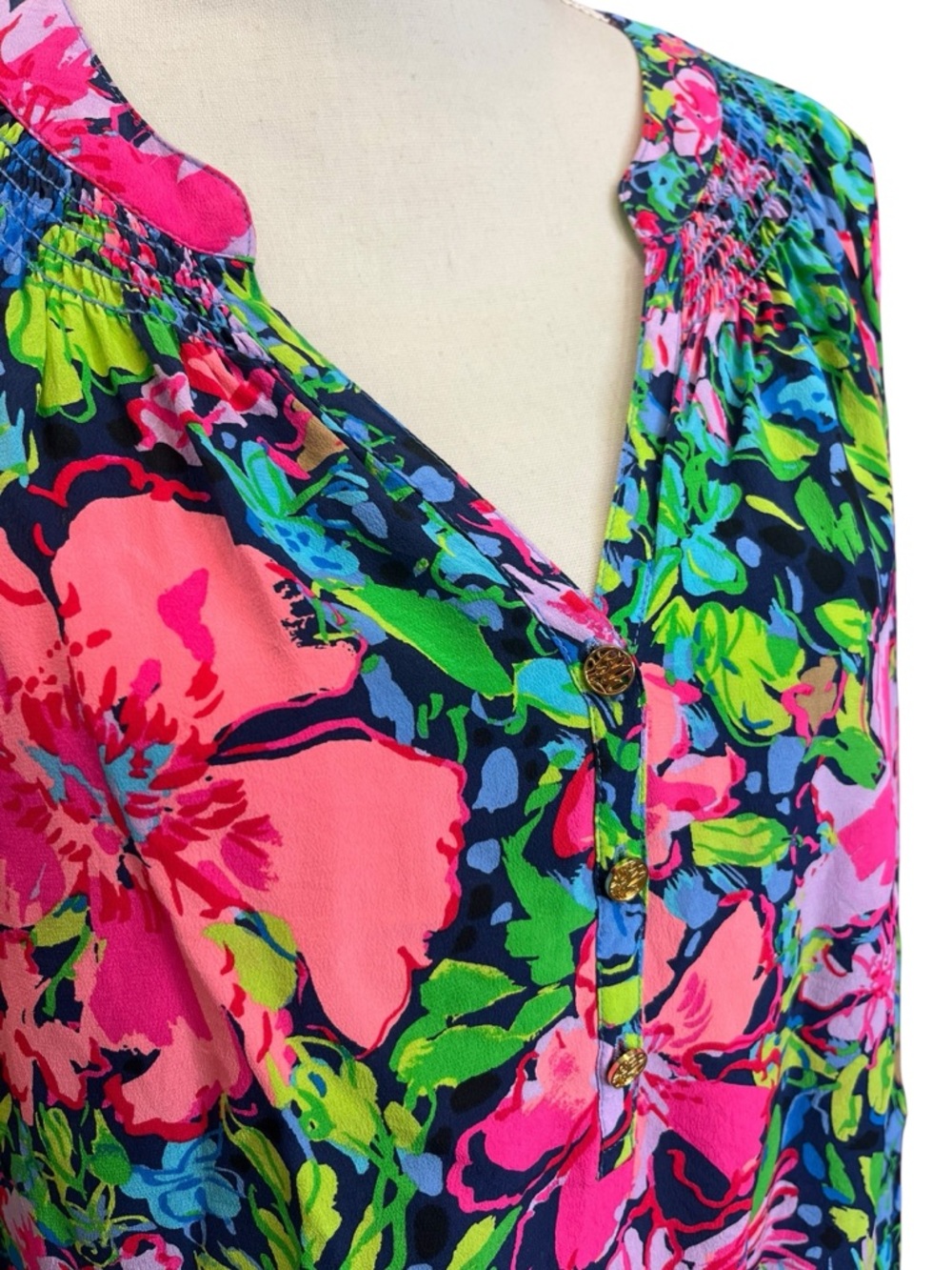 Lilly Pulitzer 100% Silk Floral Tunic Blouse XL Pink Navy Resort Tropical Top - Picture 3 of 9